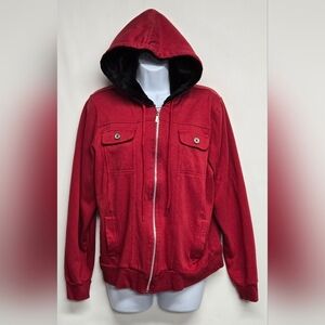 Liz & Co XL Red Hooded Sweat Jacket Zip Up Front Pockets Long Sleeve